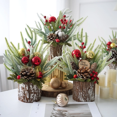 Mini Desktop Christmas Tree Artificial Pine Tree Ornament With Solid Wood Base Red Berries Pine Cones Christmas Decoration