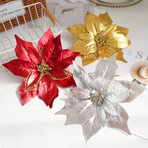 Artificial Poinsettia Flower Satin Cloth Hollow Glitter Design Christmas Tree Decoration Sparkling Festive Ornament