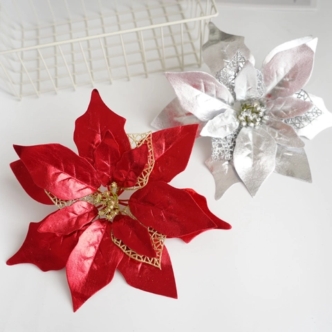 Artificial Poinsettia Flower Satin Cloth Hollow Glitter Design Christmas Tree Decoration Sparkling Festive Ornament