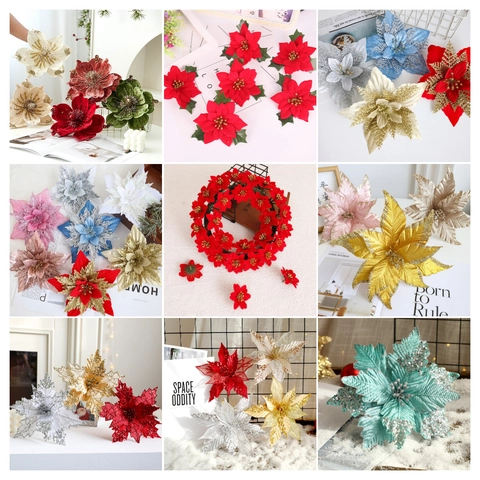 Fleurs de Noël Artificielles Poinsettia Paillettes Tissu Velours Décorations d'Arbre pour Guirlande DIY Mariage Fête Maison Ornements Festifs