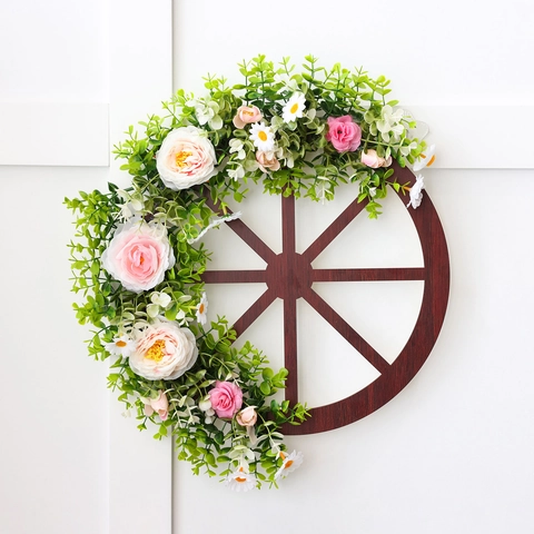 Wagon Wheel Christmas Wreath Artificial Roses Daisies Eucalyptus Leaves Farmhouse Front Door Wall Hanging Home Decor
