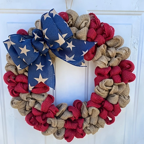 Independence Day Wreath Burlap Patriotic Star Bow Front Door Wall Hanging American Flag Colors Home Decor