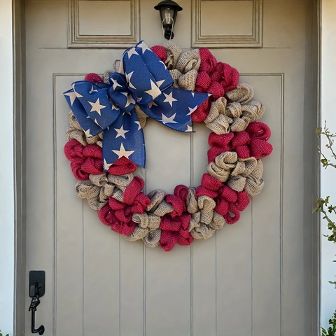 Independence Day Wreath Burlap Patriotic Star Bow Front Door Wall Hanging American Flag Colors Home Decor