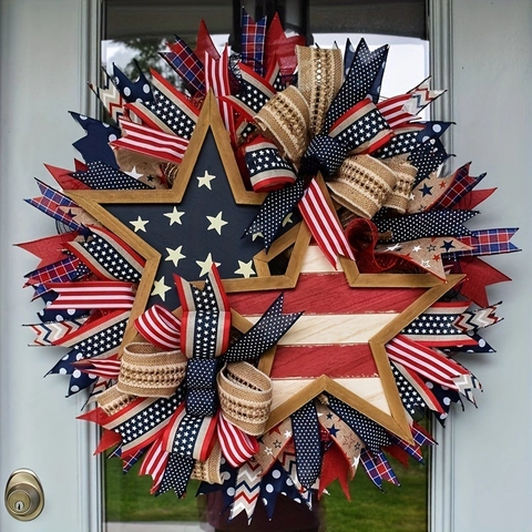 Patriottische Onafhankelijkheidsdag Krans Houten Sterren Jute Strik Rood Wit Blauw Decoratie Voor 4 Juli Voordeur Muur Thuis