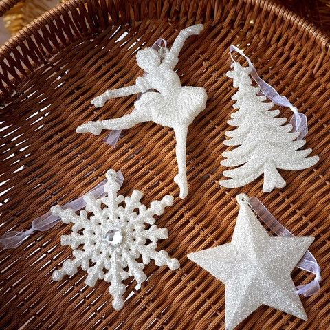 White Glitter Christmas Ornaments Plastic Angel Snowflake Star Candy Carriage Eiffel Tower For Holiday Party Decoration
