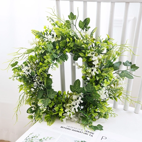Artificial Wildflower Green Leaf Wreath Front Door Hanging Decor Spring Summer Faux Eucalyptus Fern Wreath For Home Wall