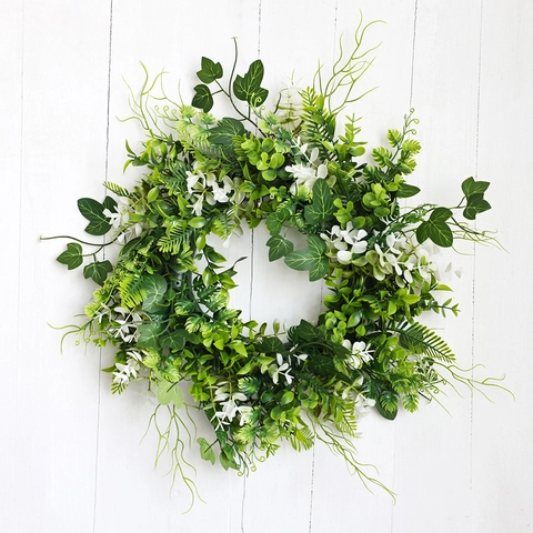 Artificial Wildflower Green Leaf Wreath Front Door Hanging Decor Spring Summer Faux Eucalyptus Fern Wreath For Home Wall
