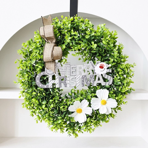 Artificial Christmas Eucalyptus Wreath With Merry Christmas Sign Santa Claus Burlap Bow White Daisy Front Door Wall Hanging Decoration