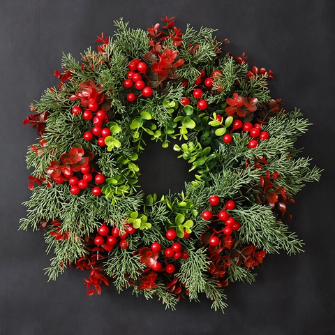 Corona de Navidad Artificial Con Bayas Rojas Hojas de Eucalipto Estilo Americano Decoración de Hogar Festiva Para Colgar