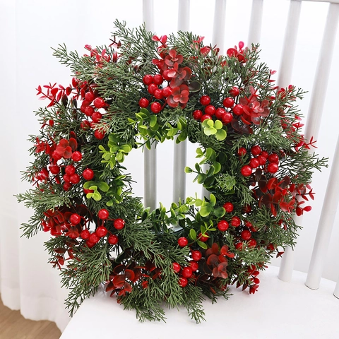 Corona de Navidad Artificial Con Bayas Rojas Hojas de Eucalipto Estilo Americano Decoración de Hogar Festiva Para Colgar