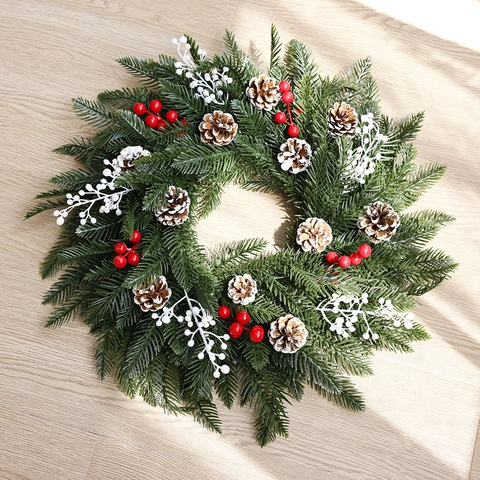 Ghirlanda Di Natale PE Aghi Di Pino Artificiali Pigne Naturali Bacche Rosse Bianche Decorazione Porta Casa Festa