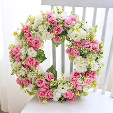 Artificial Rose Wreath Front Door Decoration Mother Day Pink White Simulation Flowers Spring Garland Home Wall Hanging Wedding Decor