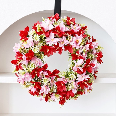 Frühling Künstlicher Lilienblütenkranz Rot Rosa Gänseblümchen Blumengirlande Für Haustür Wand Muttertag Haus Festival Dekoration