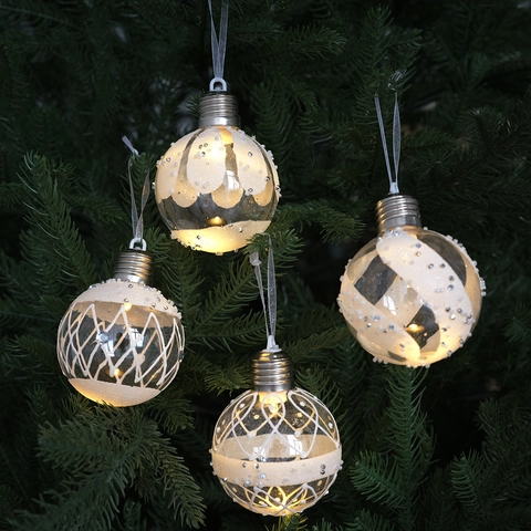 Adornos Bolas Navidad Forma Bombilla Brillante Plástico Decoración Colgante Luces LED Cálidas Patrón Blanco Escarchado Decoración Árbol