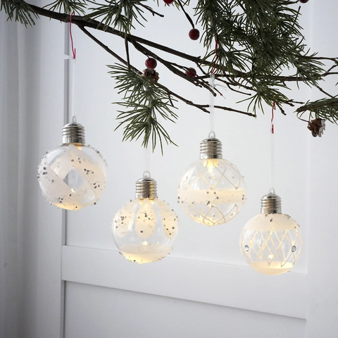 Adornos Bolas Navidad Forma Bombilla Brillante Plástico Decoración Colgante Luces LED Cálidas Patrón Blanco Escarchado Decoración Árbol