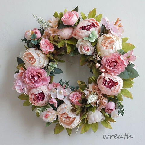 Artificial Peony Rose Flower Wreath Satin Cloth Plastic Front Door Wall Hanging Decoration Mother Day Wedding Floral
