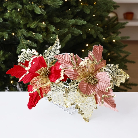 Artificial Christmas Poinsettia Flower Glitter Velvet Pink Gold Mesh Petal Xmas Tree Wreath Garland Decoration Accessory