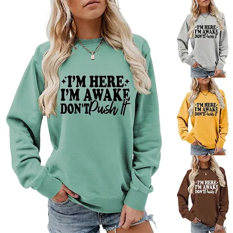 Women's Casual Long Sleeve Round Neck Sweatshirt Loose Cotton Blend Slogan Printed Letter Graphic Pullover Streetwear Top