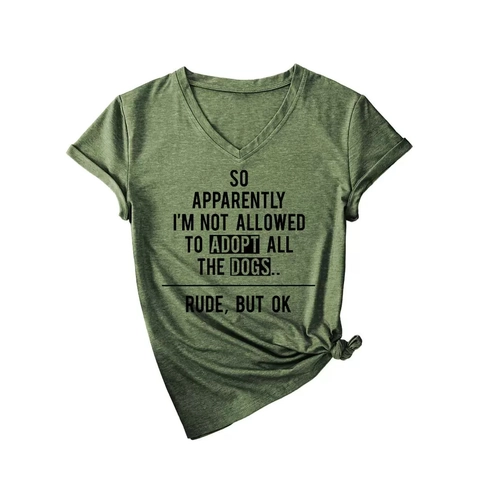 Women V Neck T-Shirt Cotton Blend Short Sleeve Top Graphic Slogan Dog Adopt Humor Loose Streetwear Casual Summer