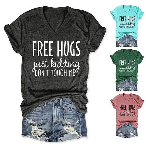 Damen Casual Baumwollmischung V-Ausschnitt Kurzarm T-Shirt Slogan Druck Seitlicher Knoten Lockeres Sommer Top