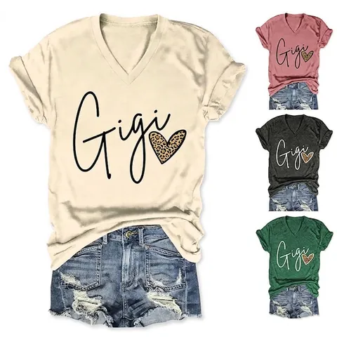 T-shirt da Donna Casual in Misto Cotone Scollo a V Manica Corta Con Cuore Leopardato Stampa Gigi Orlo Annodato Moda Estate