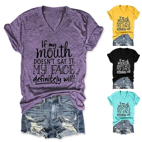 Dames Casual Katoenmix T-Shirt met V-Hals Grappige Letteropdruk Knoopzoom Zomer Korte Mouwen Slogan Grafische Tee Top