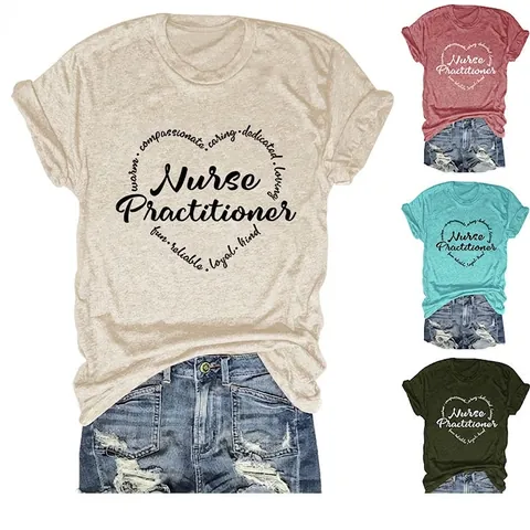 Damen Casual Nurse Practitioner Herz Buchstaben Druck Kurzarm T-Shirt Lose Rundhals Baumwollmischung Grafik Tee Top