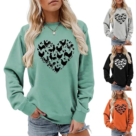 Damen Casual Rundhals Sweatshirt Baumwollmischung Langarm Top mit Hühner Herzprint Lockerer Pullover