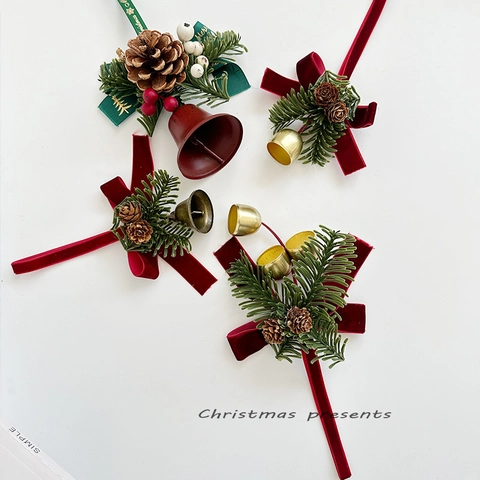 Vintage Christmas Bell Ornaments With Velvet Bow Pine Cones And Faux Pine Needles For Christmas Tree Home Holiday Decoration