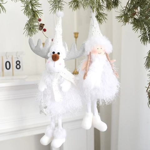 Pupazzo Angelo di Peluche Bianco Renna Decorazione da Appendere per Albero di Natale Paillettes Ragazza Fata Ciondolo Casa