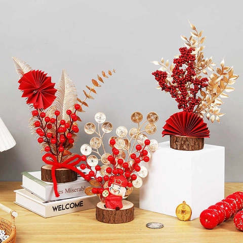 Chinese New Year Fortune Tree Desk Ornament Red Berries Gold Ginkgo Leaf Folding Fan Decorative Tree With Wood Base