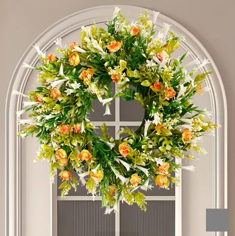 Ghirlanda Di Fiori Selvatici Artificiali Plastica Raso Foglie Verdi Rose Arancioni Porta Dingresso Decorazione Primavera Estate