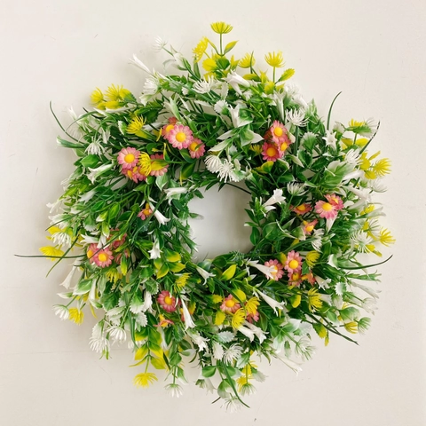 Künstlicher Gänseblümchen Wildblumen Kranz Frühling Sommer Grüne Blätter Haustür Wanddekoration Heimschmuck Kunststoff Satin