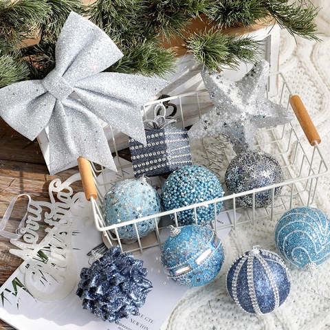 Christmas Tree Hanging Ornaments Blue Silver Glitter Foam Balls Bow Star Tree Topper Holiday Decoration