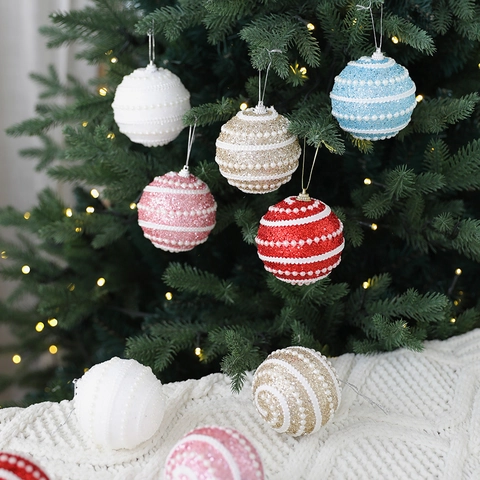 Christmas Ball Ornaments Plastic Foam Glitter Faux Artificial Pearls Hanging Xmas Tree Decorations Festive Elegant Spiral Design