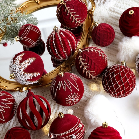 Flocked Burgundy Christmas Ball Ornaments For Christmas Tree Velvet Painted Artificial Pearl Xmas Hanging Baubles Holiday Decor