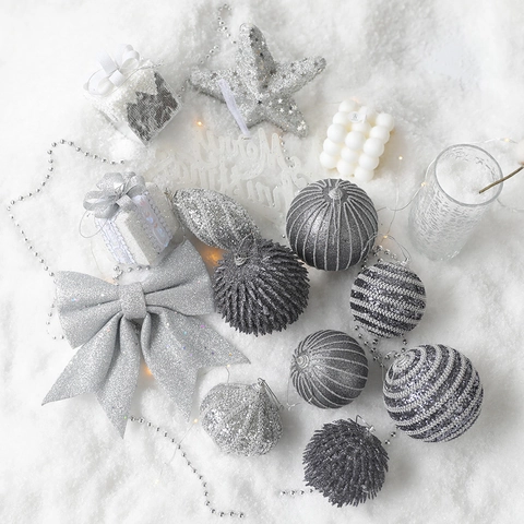 Glitter Painted Foam Christmas Ball Ornaments Set For Holiday Tree Hanging Decorations Black Grey Silver Bow Star Nut Party Decor