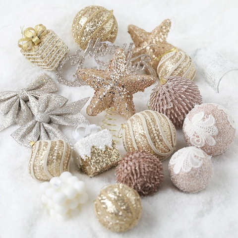 Décorations d'Arbre de Noël Or Champagne Boules en Mousse à Paillettes Étoiles Scintillantes Nœuds Pendentifs Suspendus pour Maison Fête Déco de Noël