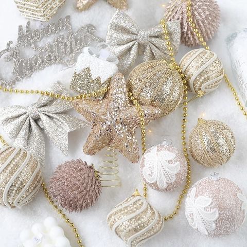 Décorations d'Arbre de Noël Or Champagne Boules en Mousse à Paillettes Étoiles Scintillantes Nœuds Pendentifs Suspendus pour Maison Fête Déco de Noël