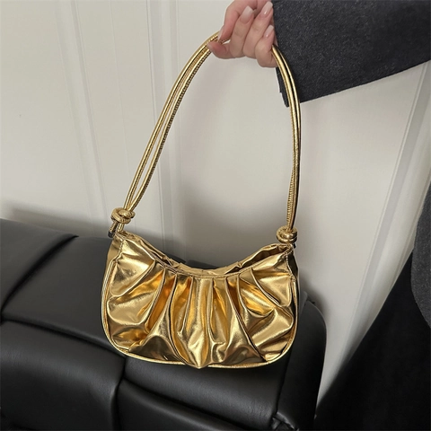 Bolso De Hombro Plisado Metálico En Cuero PU Brillante Bolso Cruzado De Moda Con Forma De Media Luna Mujer