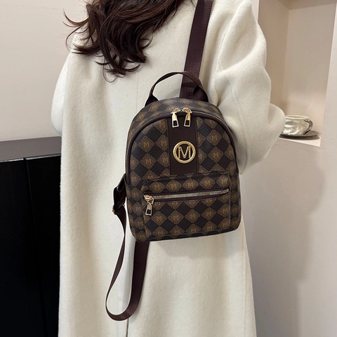 Modieuze Mini Rugzak Voor Dames PU Leer M Monogram Print Dubbele Rits Veelzijdige Kleine Rugzak Casual Reistas