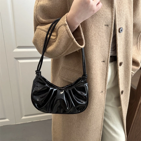 Bolso De Hombro Plisado Metálico En Cuero PU Brillante Bolso Cruzado De Moda Con Forma De Media Luna Mujer