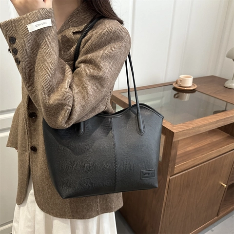 Große Kapazität Tote Bag Litschi Muster PU Leder Schulterhandtasche Urban Einfach Pendler Für Frauen