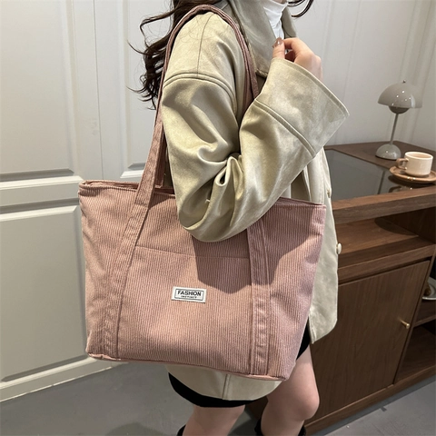 Sac Cabas En Velours Côtelé Pour Femme Grande Kapazität Rétro Décontracté Sac À Main Avec Poche Avant Pour Les Déplacements