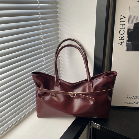 Women High Gloss PU Leather Tote Bag Retro Minimalist Shoulder Bag With Belt Buckle Chic Urban Commute