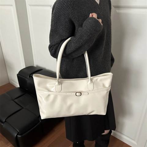 Women High Gloss PU Leather Tote Bag Retro Minimalist Shoulder Bag With Belt Buckle Chic Urban Commute