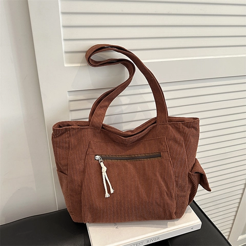 Corduroy Tote Bag For Women Large Capacity Retro Casual Commuting Shoulder Handbag With Multi Pockets Rope Puller