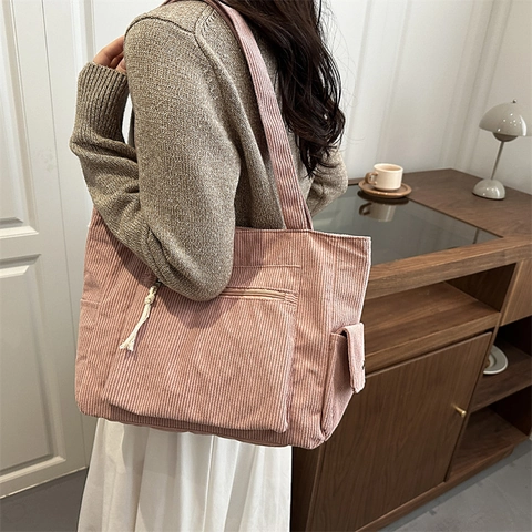 Corduroy Tote Bag For Women Large Capacity Retro Casual Commuting Shoulder Handbag With Multi Pockets Rope Puller