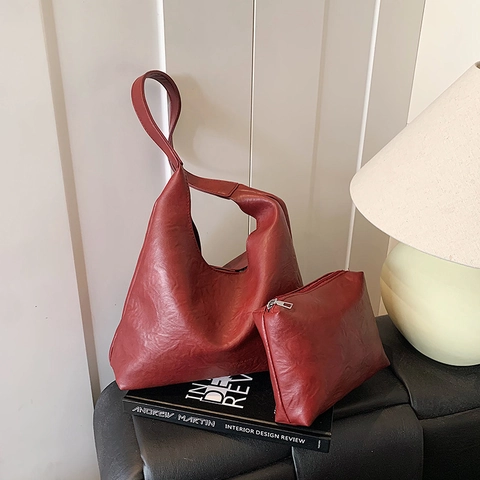 Women Retro PU Leather Large Capacity Tote Bag And Pouch Set Stylish Minimalist Hobo Underarm Shoulder Bag For Daily Commute