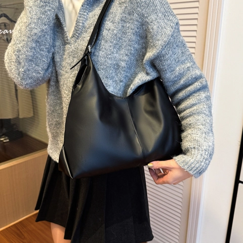 Bolso Tote de Cuero PU de Gran Capacidad para Mujer Bolso de Hombro Minimalista Retro Color Sólido Costura Hobo Bolso